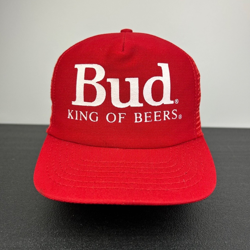 Vintage 90s Budweiser Trucker Hat Cap Snap Back Adjustable Red King Of Beers USA